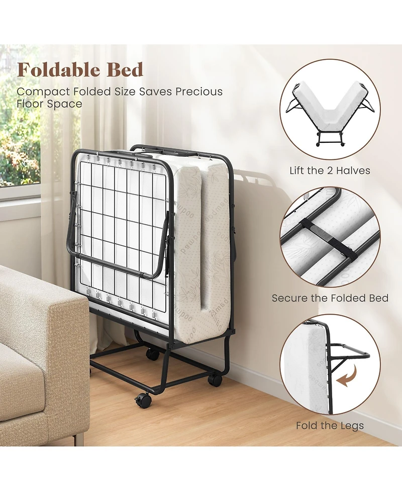 Gouun Cot Size Folding Bed Frame with Memory Foam Mattress and Metal Frame