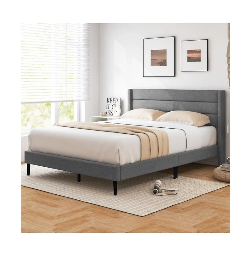 Gouun Linen Upholstered Platform Queen Bed Frame with Wingback Headboard