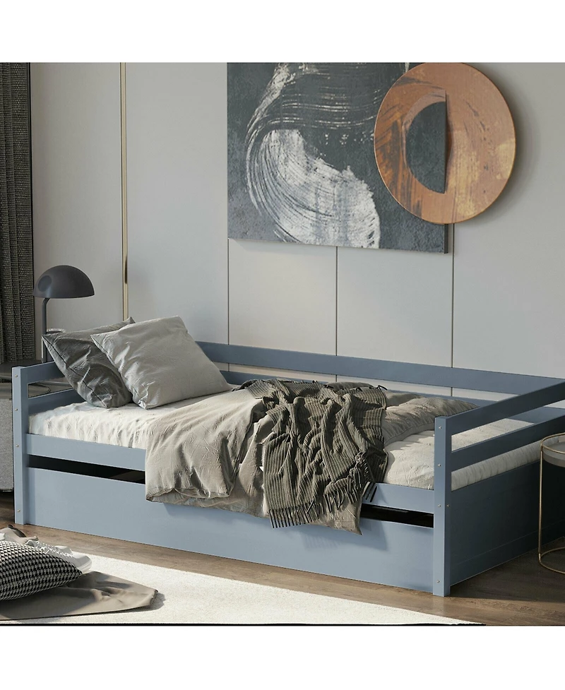 Gouun Twin Size Trundle Platform Bed Frame with Wooden Slat Support