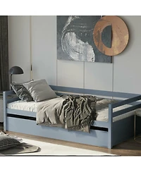 Gouun Twin Size Trundle Platform Bed Frame with Wooden Slat Support