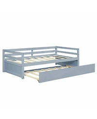 Gouun Twin Size Trundle Platform Bed Frame with Wooden Slat Support
