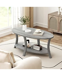 Gouun 44 in Oval 2-Tier Rubber Wood Coffee Table with Open Storage Shelf