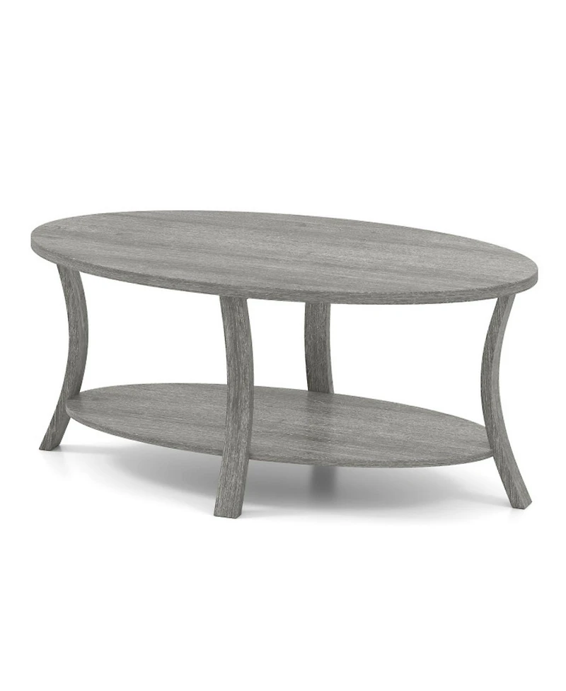 Gouun 44 in Oval 2-Tier Rubber Wood Coffee Table with Open Storage Shelf