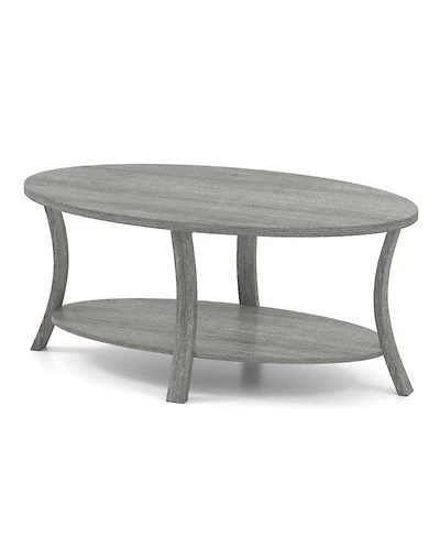 Gouun 44 in Oval 2-Tier Rubber Wood Coffee Table with Open Storage Shelf