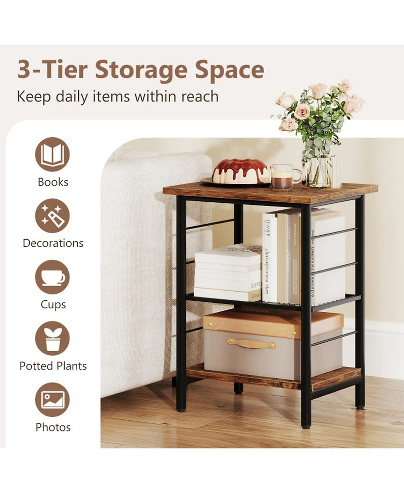 Gouun Set of 2 Industrial 3-Tier End Tables with Adjustable Mesh Shelves