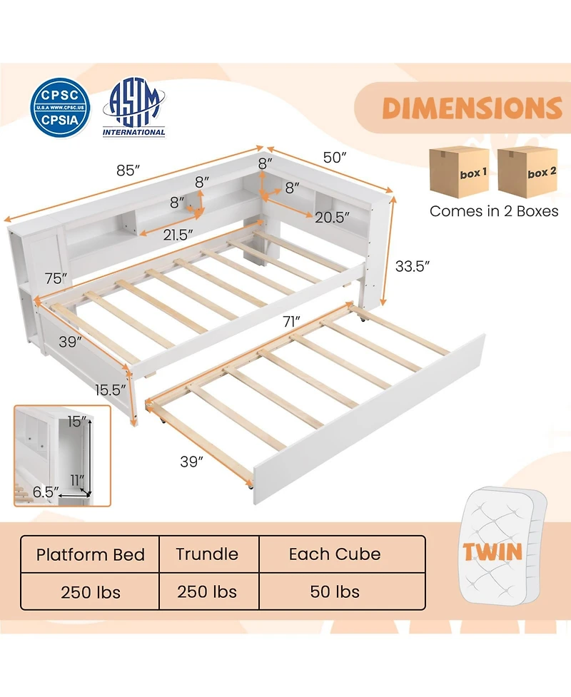 Gouun Twin Size Daybed Platform Bed Frame with Trundle and Bedside Shelves