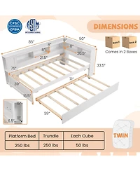 Gouun Twin Size Daybed Platform Bed Frame with Trundle and Bedside Shelves