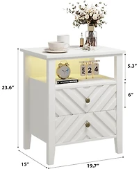 gaomon Led Night Stand with 2 Storage Drawers and Stable Wooden Legs Farmhouse Nightstand w/V-Shaped Design and Open Storage Shelf