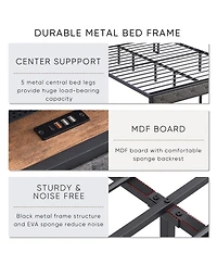 sumyeg Full Size Upholstered Bed Frame with Storage Headboard, Led Lights and Charging Station, Platform Bed