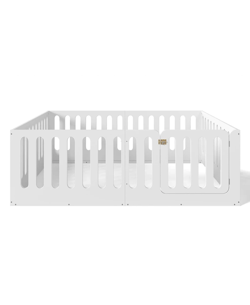 Rainsken Low-Profile Full Size Floor Bed for Kids, Solid Wood Bed Frame with High Protective Fence and Door for Boys Girls, No Box Spring Required