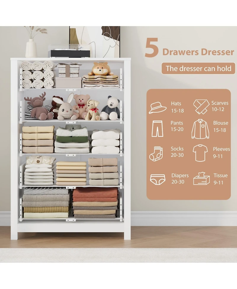 gaomon Modern 5 Drawer Wooden Dresser Chest, Tall Cabinet with Deep Storage Drawers, Metal Knobs