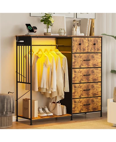 gaomon 49.2" Dresser with Hanging Rack and Led Lights, 6-Drawer Closet Organizer with Charging Station