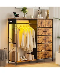 gaomon 49.2" Dresser with Hanging Rack and Led Lights, 6-Drawer Closet Organizer with Charging Station