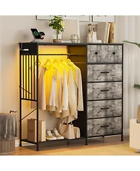 gaomon 49.2" w Dresser with Hanging Rack and Led Lights, 6-Drawer Closet Organizer with Charging Station