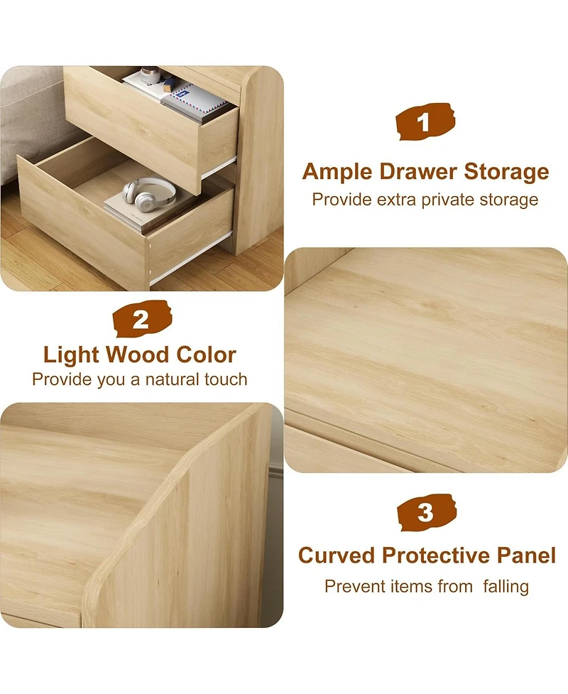 gaomon Nightstand with Drawers Bedside Table Light Wood End Table Modern Bed Side Table 2 Drawers Night Stand Drom Side Table Curved with Handle