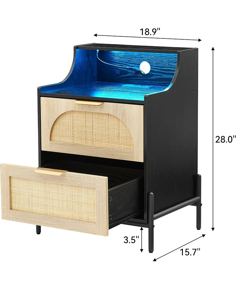 gaomon Rattan Night Stand Nightstand with Charging Station Modern Nightstand with Led Light and 2 Drawers Boho Bedside Table Wood Side Table