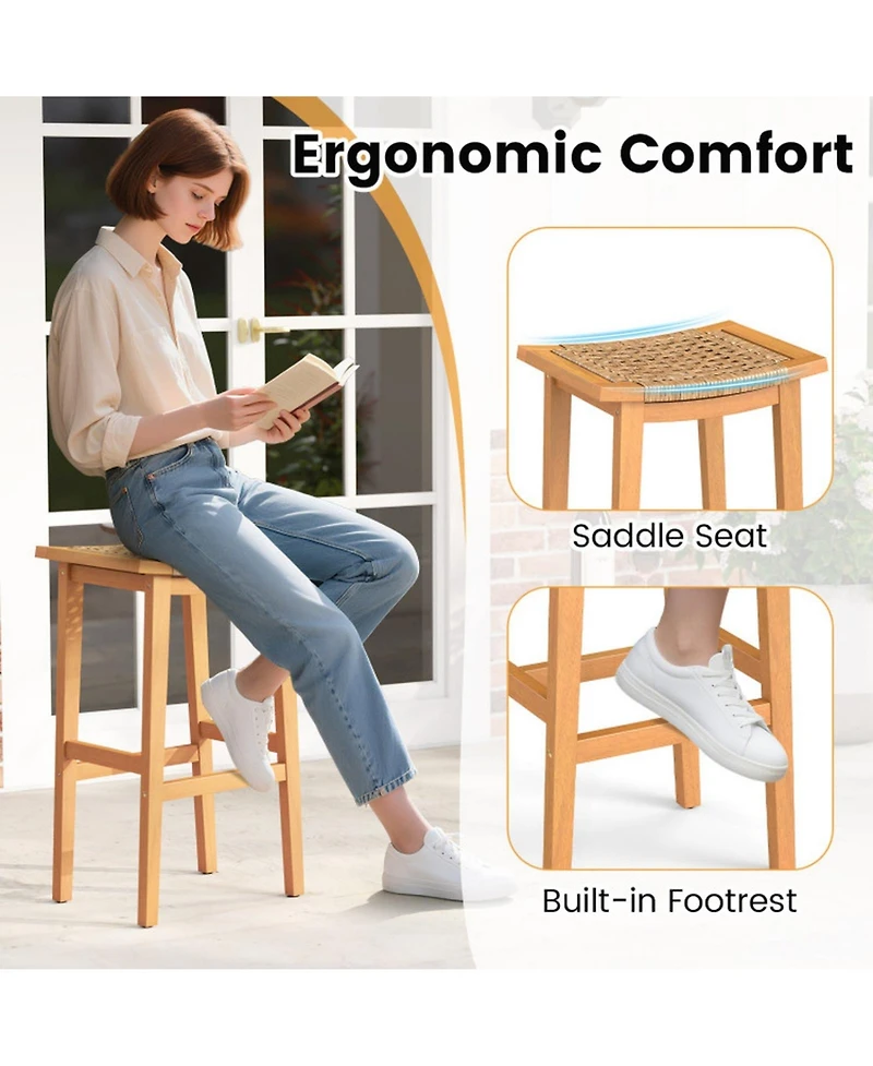 Gouun Acacia Wood Outdoor Bar Stools Set of 2 with Woven Rattan Seats