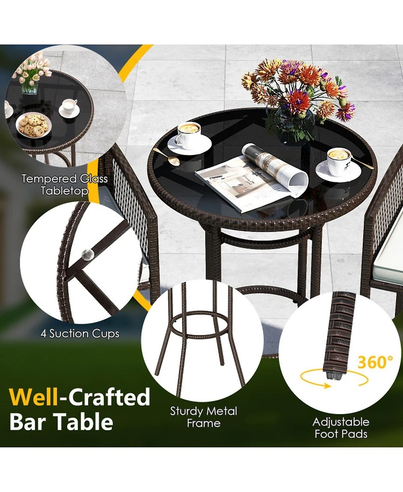 Gouun 3-Piece Wicker Outdoor Bar Set with Round Tempered Glass Table and Armchairs