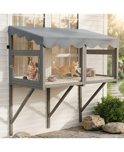 Zeus and Ruta Cat Catio Window Enclosure with Wooden Mount, Expandable Multi-Level Design, Secure Locks
