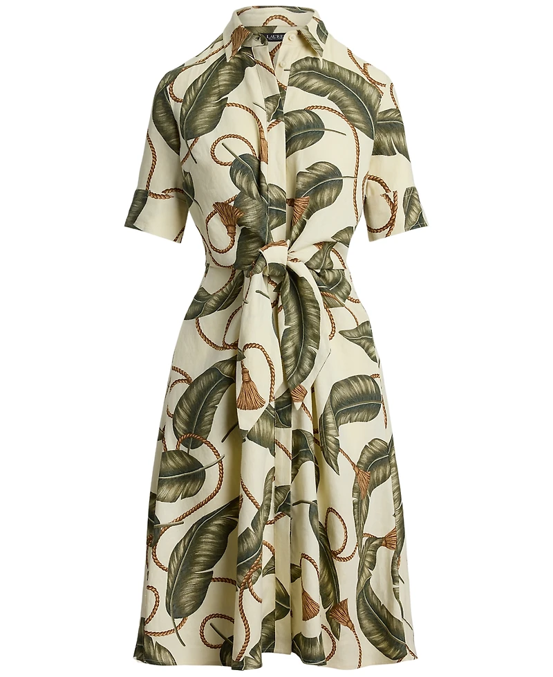 Lauren Ralph Petite Point Collar Rope-Print Tie-Front Shirt Dress