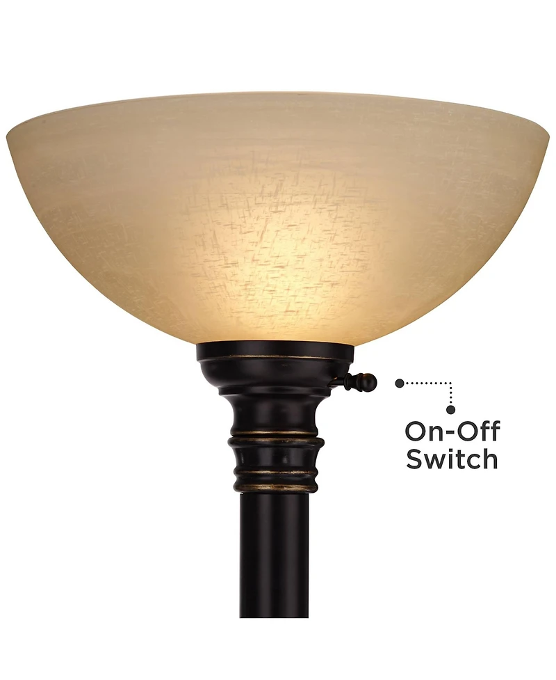 Regency Hill Garver Rustic Retro Torchiere Floor Lamp with Riser Tall Oil Rubbed Side Light Amber Glass for Living Room Reading