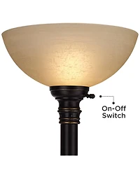 Regency Hill Garver Rustic Retro Torchiere Floor Lamp with Riser Tall Oil Rubbed Side Light Amber Glass for Living Room Reading