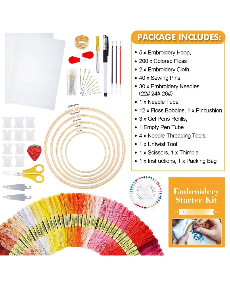 Gnuadz 304 Pack Embroidery Kit 200 Colors Threads 5 Hoops 2 Aida Cloth Tools Set Beginners Adults