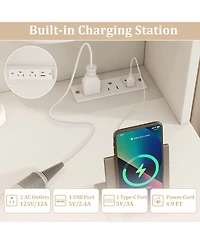 Sugift Vanity Set with Lighted Mirror Stool and Power Outlet