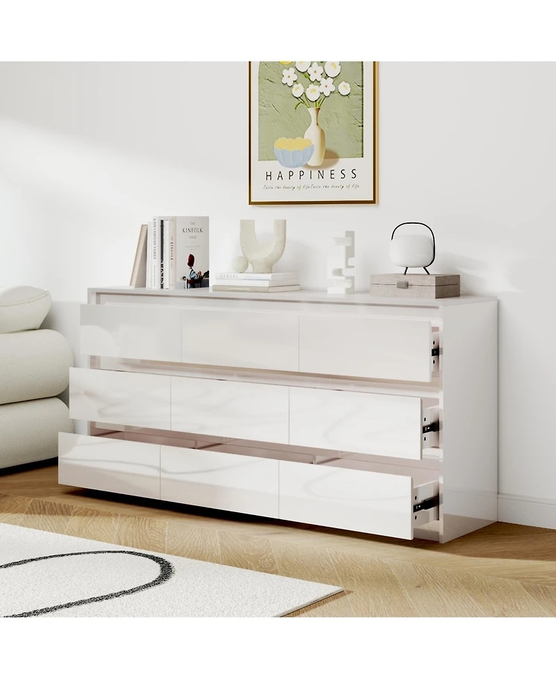 Famapy 63" High Gloss 9 Drawer Dresser,Modern Bedroom Chest