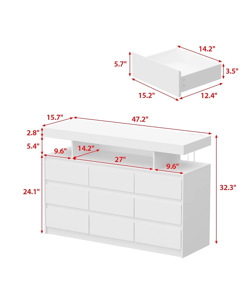 Famapy 9 Drawer Dresser for Bedroom with Led Light and Power Outlet