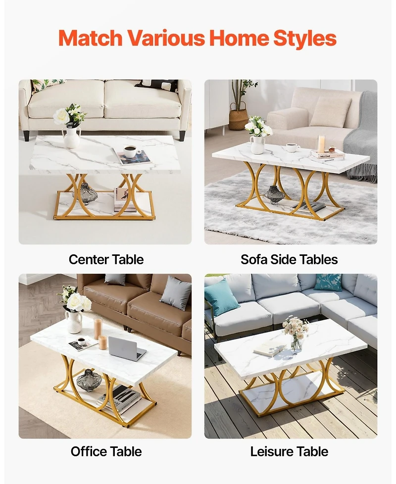 Sugift Coffee Table, Modern Faux Marble, Large 2-Tier Rectangle Desk with Metal Frame