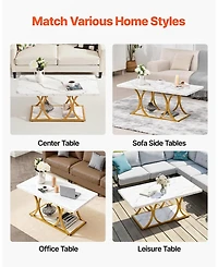 Sugift Coffee Table, Modern Faux Marble, Large 2-Tier Rectangle Desk with Metal Frame