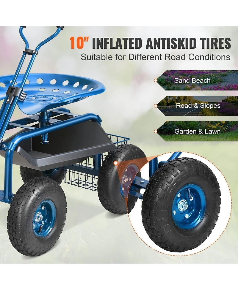 Sugift Rolling Garden Workseat with 360-Degree Swivel Seat and Adjustable Handle for Yard Use