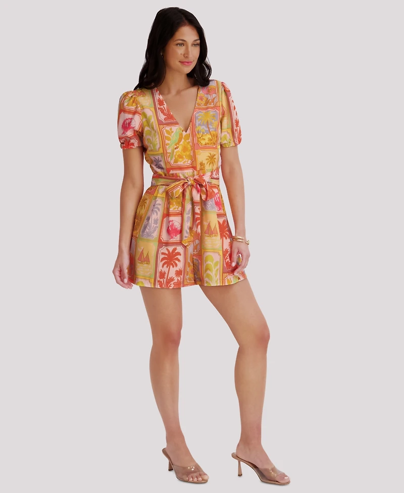 Kensie Women's Short-Sleeve V-Neck Printed Romper