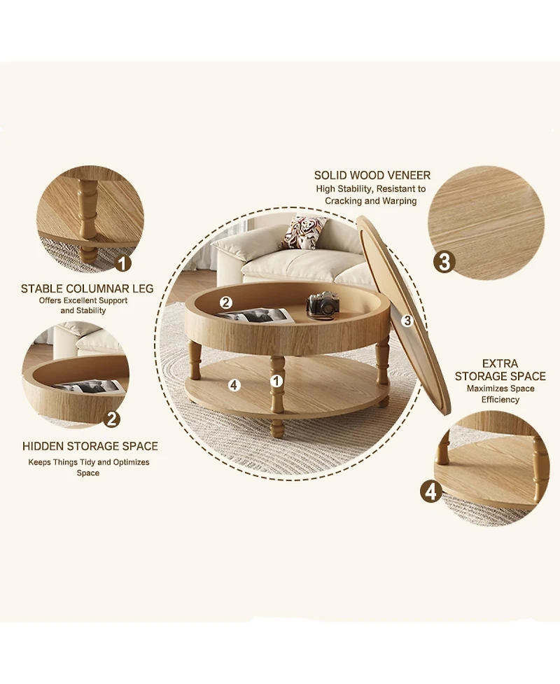 Rainsken Round Solid Wood Coffee Table, Modern Center Table with Hidden Storage, Two-Tier Design for Living Room, Office
