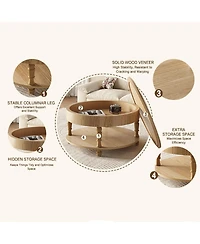 Rainsken Round Solid Wood Coffee Table, Modern Center Table with Hidden Storage, Two-Tier Design for Living Room, Office