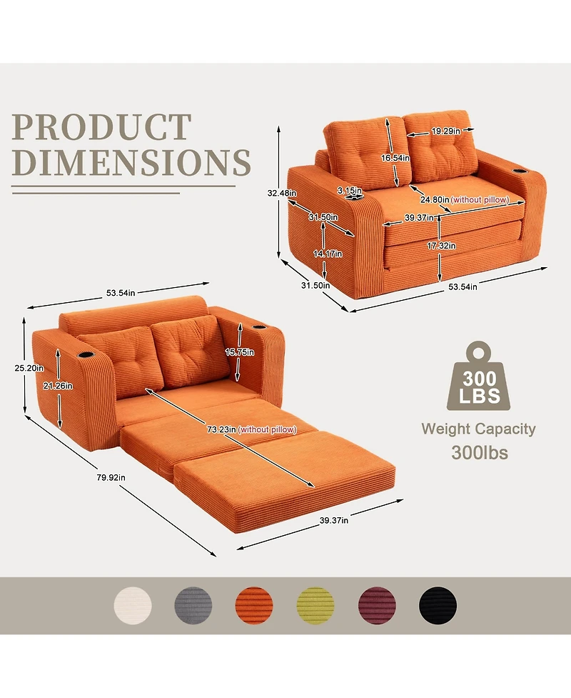 Rainsken Boneless Convertible Sofa Bed, Soft Corduroy Loveseat with Cup Holders and Pillows, Space Saving Fold Out Floor Couch for Home