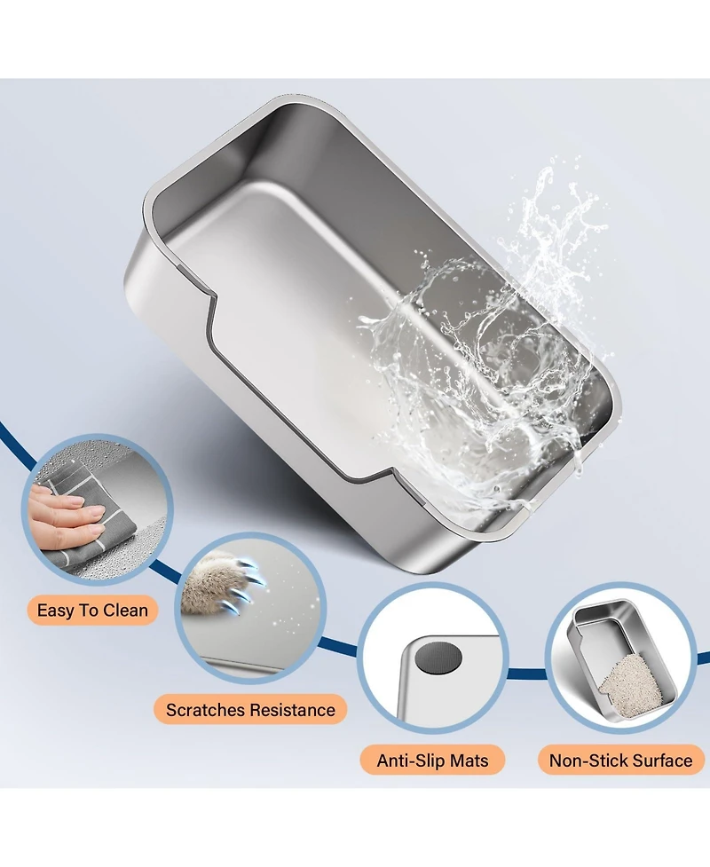 Aronkl Stainless Steel Cat Litter Box Low Entry Anti Splash Odor Free Non Stick Easy Clean for Senior Injured Cats