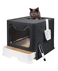 Aronkl Foldable Cat Litter Box Enclosed Top Entry Anti-splashing Large Private Space Easy Clean With Scoop 2-in-1 Brush