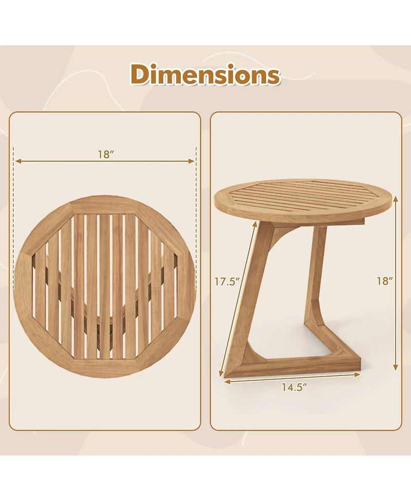 Sugift Round Teak Wood Side Table with Slatted Tabletop