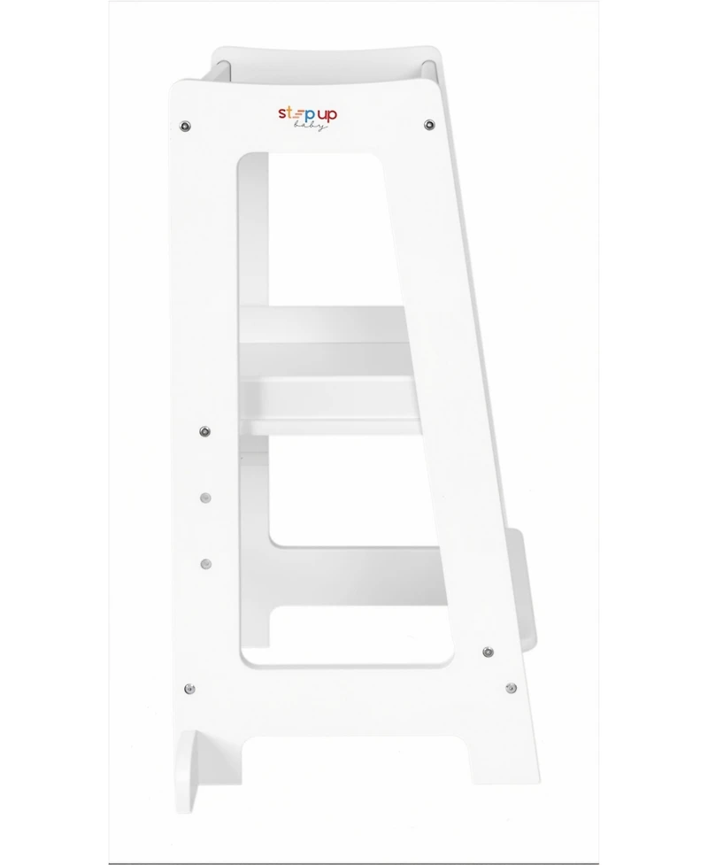 Stepup Baby Toddler Tower with Adjustable Step, White Montessori-Inspired Step Stool, Standing for Kids, Fits Under Kitchen Counters, Ad