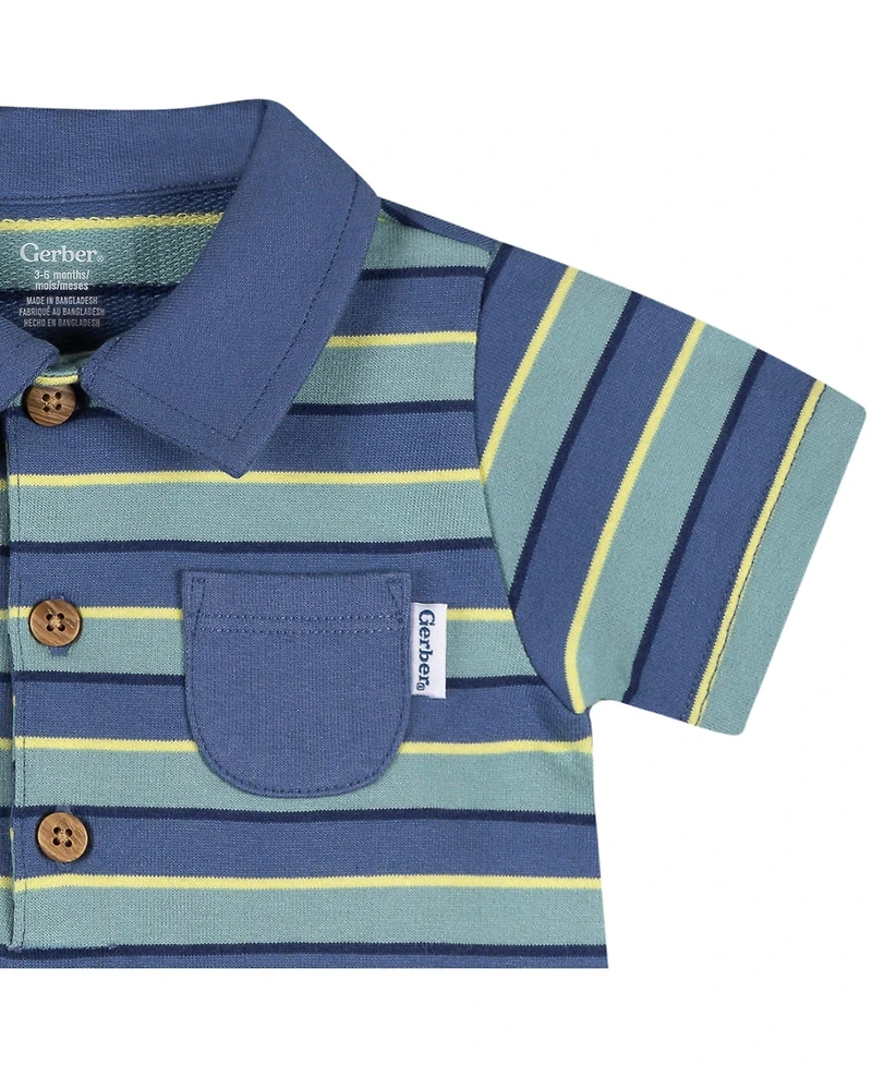 Gerber Baby Boys Collared Romper, Blue and Green.