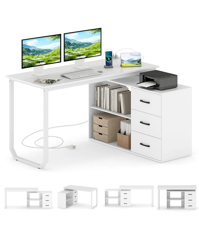 Slickblue 55" L Desk Reversible with 3 Drawers and Adjustable Storage Shelf