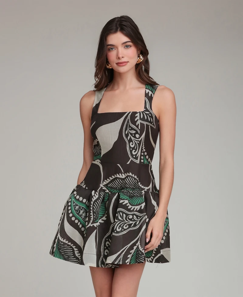 Avec Les Filles Women's Bali Paisley Square Neck Mini Dress