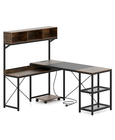 Slickblue 62 Inch Brown L Shaped Desk with Power Outlet and Storage Hutch