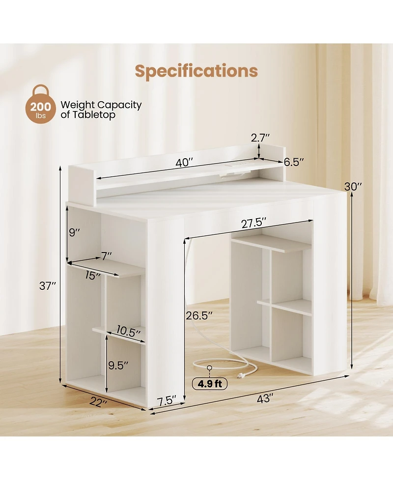 Slickblue 43 Inch White Writing Desk with Built In Power Outlets and 2 Bookcases