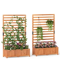 Gymax 2 Pcs Wooden Raised Garden Bed w/ Vertical Trellis Liner Drainage