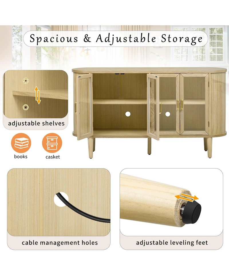 Rainsken Farmhouse Buffet Sideboard with Glass Doors, Adjustable Shelves and Cable Management, Wood Storage Cabinet for Dining Room and Living Room