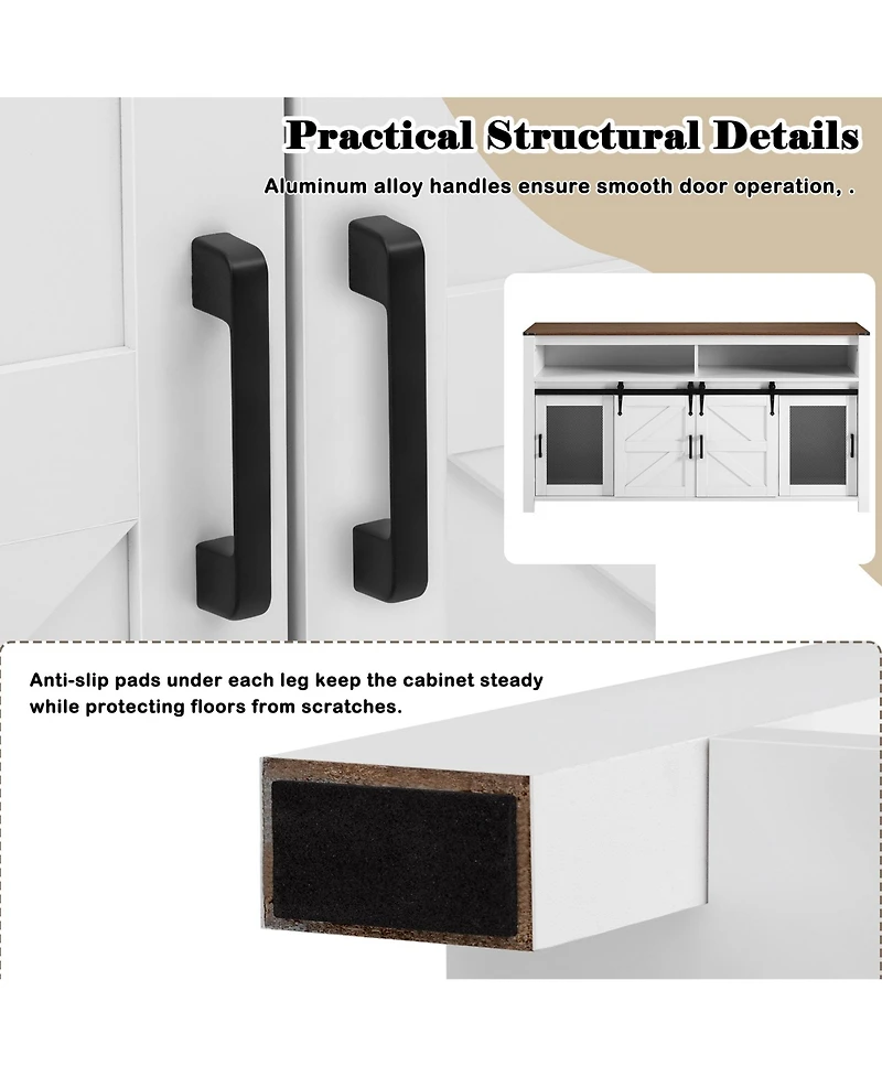 Rainsken Farmhouse Sideboard, Wood Buffet Cabinet with Open Storage, Sliding Barn Door and Mesh Panels for Living Room, Kitchen