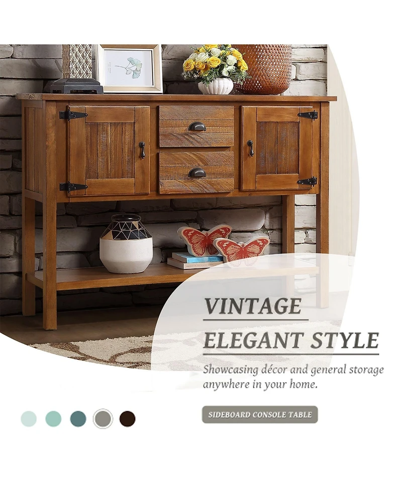 Rainsken Solid Wood Sideboard Console Table, Retro Style Storage Dining Buffet Cabinet with 2 Drawers, Cabinets and Bottom Shelf for Living Room